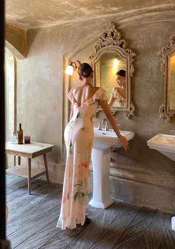 Light Pink Mermaid V Neck Print Floral Ruffle Chiffon Summer Dress Party Dress Outfits with Slit HZ1023